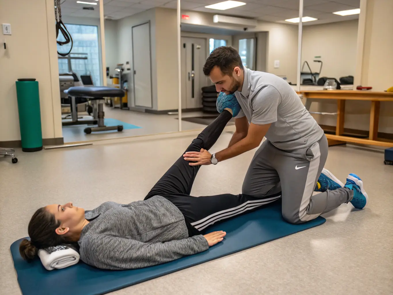 An image of a client performing a rehabilitation exercise with a physical therapist in a modern clinic setting, showcasing PRIME LACPT's Performance Rehab program.