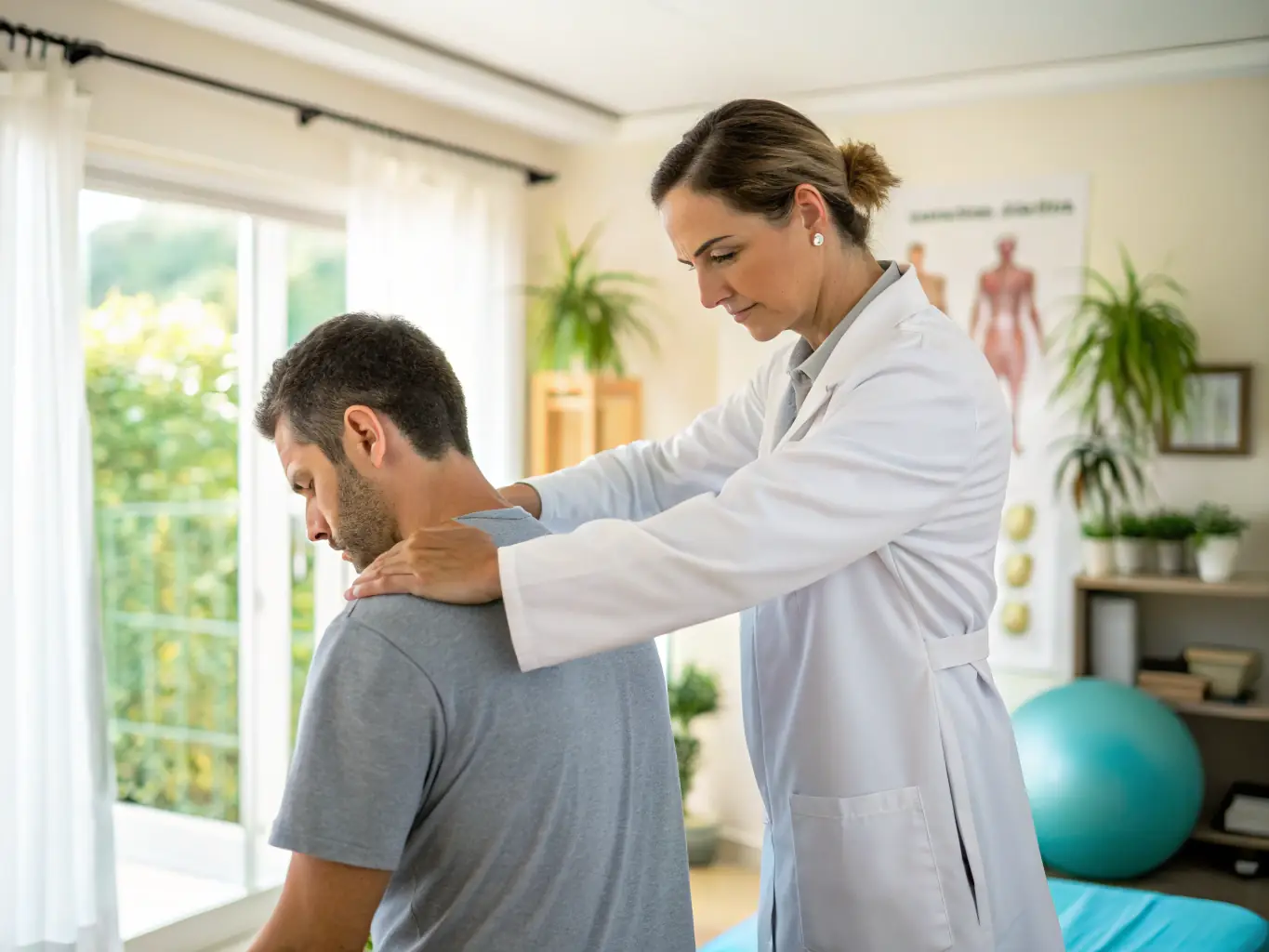 A physical therapist assessing a patient's injury with supportive medical equipment, illustrating PRIME LACPT's Injury Management services.
