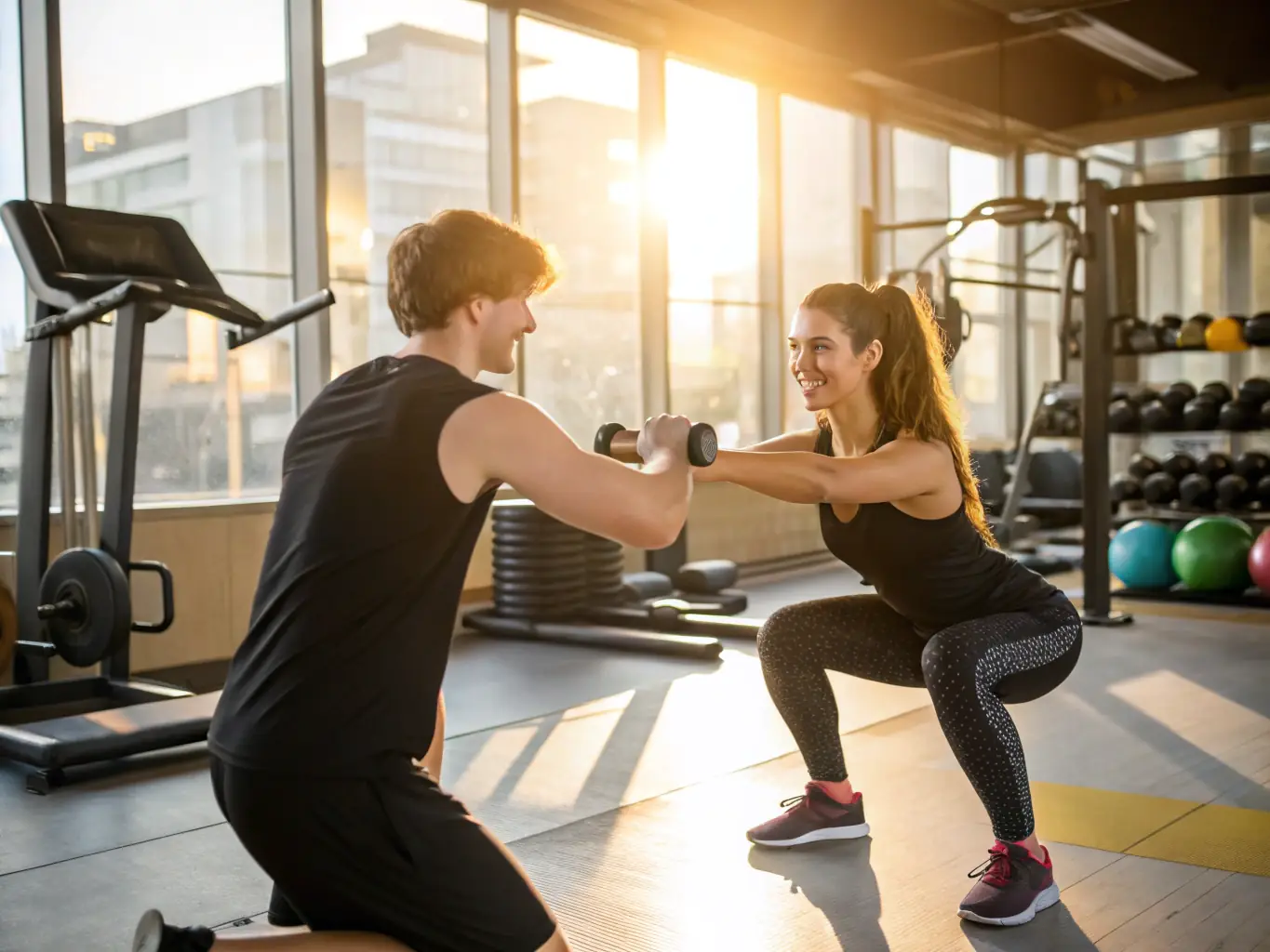 A personal trainer working with a client in a gym setting, demonstrating proper exercise techniques and providing encouragement to achieve fitness goals. The image should convey motivation and support.