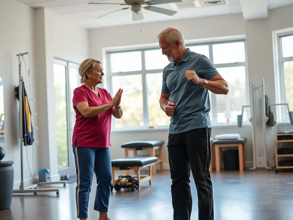 A physical therapist guiding a patient through a rehabilitation exercise, focusing on proper form and technique in a bright, modern clinic setting. The image should convey expertise and personalized care.