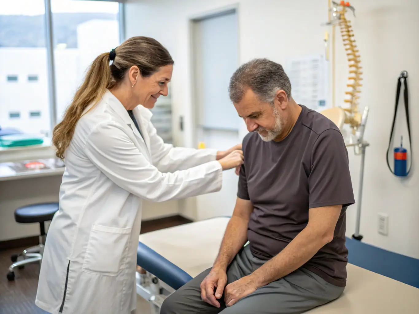 A healthcare professional assessing a patient's injury, using diagnostic tools and techniques to identify the root cause of the problem in a calm and professional environment.